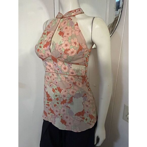 How & Wen Womens Small Top Pastel Floral Halter 100% Cotton Side Button NWT - Picture 2 of 7